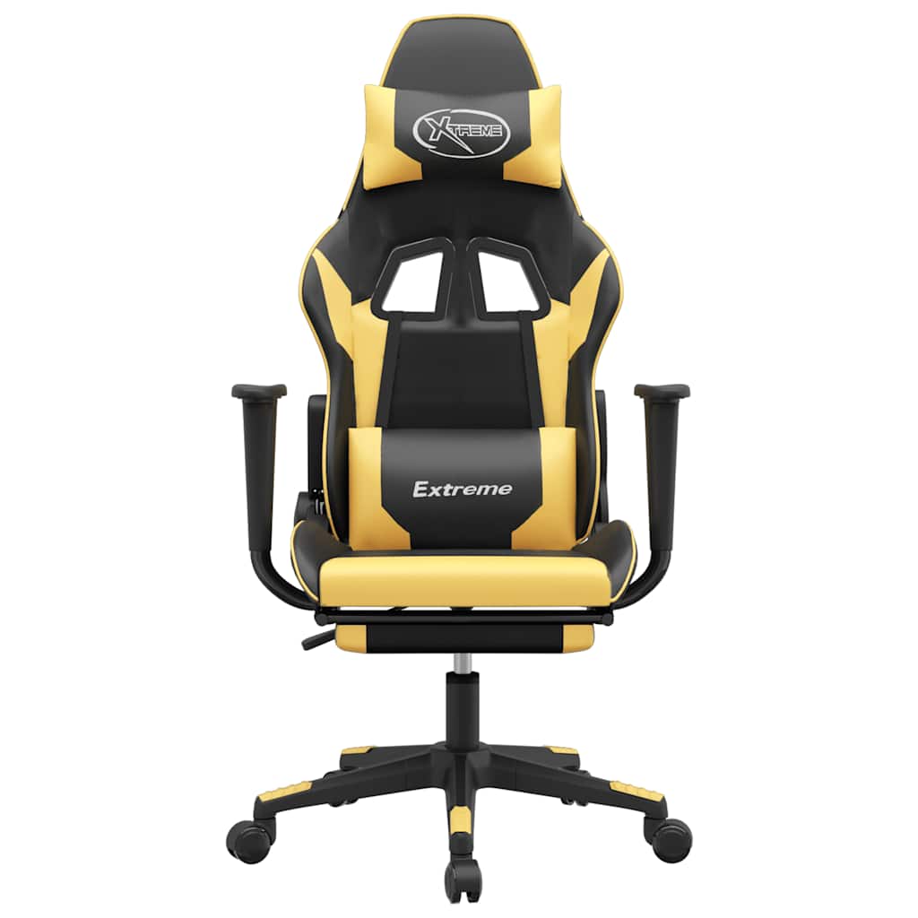 Cadeira gaming massagens c/ apoio pés couro artif. ouro/preto