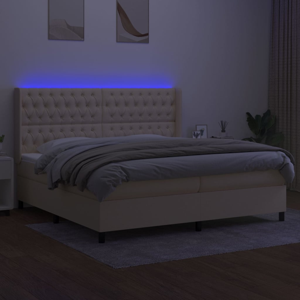 Cama box spring c/ colchão e LED 200x200 cm tecido cor creme