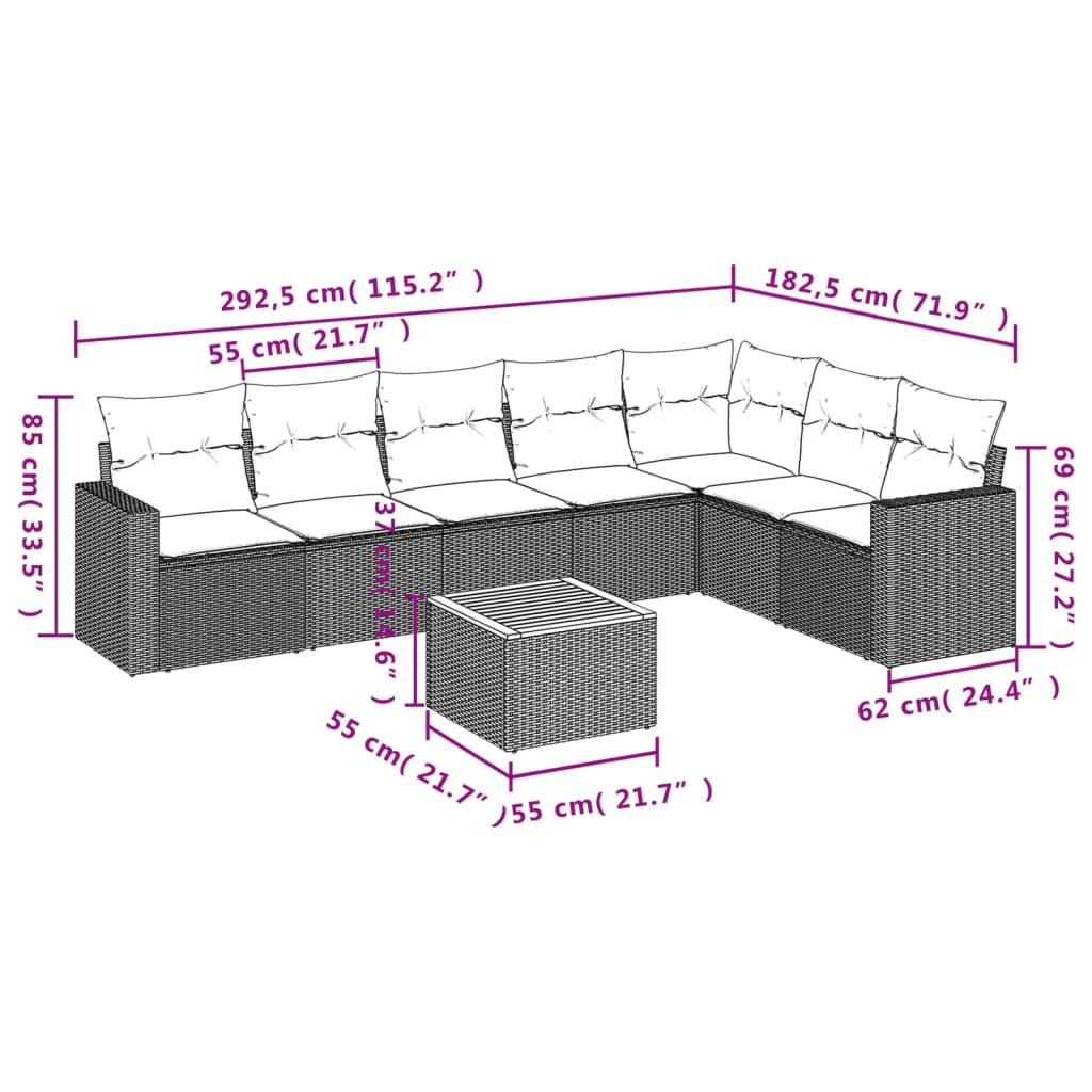 8 Pcs conjunto de sofás p/ jardim com almofadões vime PE bege