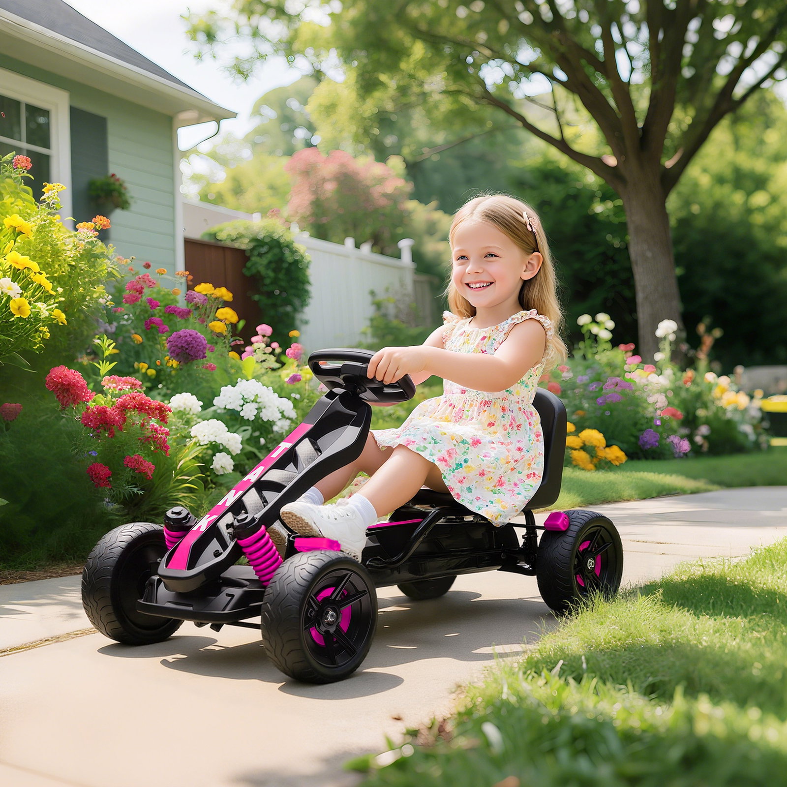 Kart a pedal para crianças karting infantil 3 a 6 anos com embreagem automática freio rodas de eva antiderrapantes rosa