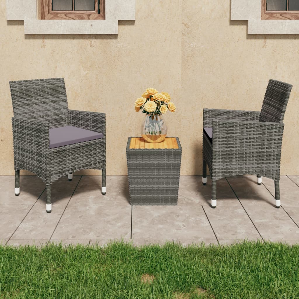 3 Pcs conjunto de bistrô vime PE e madeira de acácia cinzento