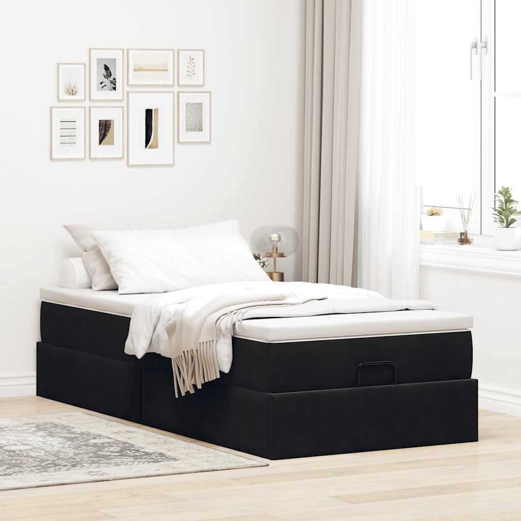 Estrutura de cama otomana com colchão preto veludo