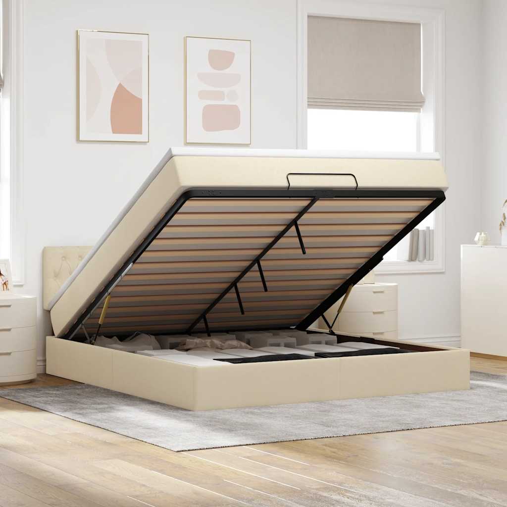 Cama otomana com colchão & leds 180x200cm tecido creme