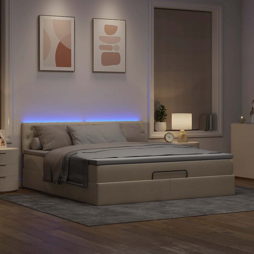 Cama otomana com colchão & leds 180x200cm tecido creme