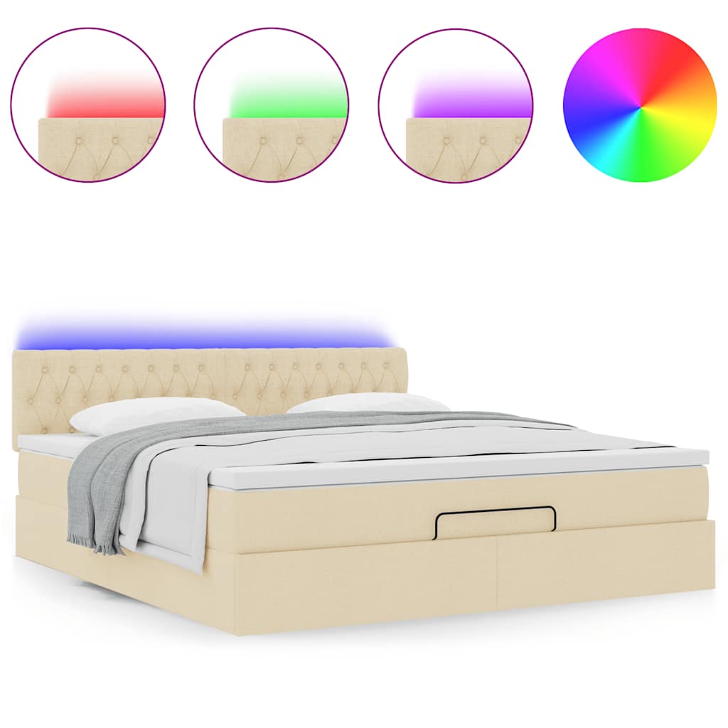 Cama otomana com colchão & leds 180x200cm tecido creme