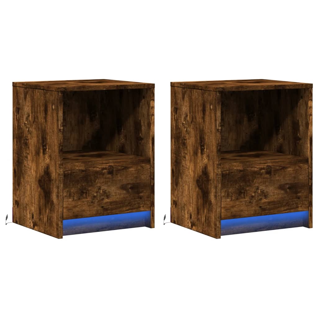 Mesas cabeceira c/ leds 2 pcs derivados madeira carvalho fumado