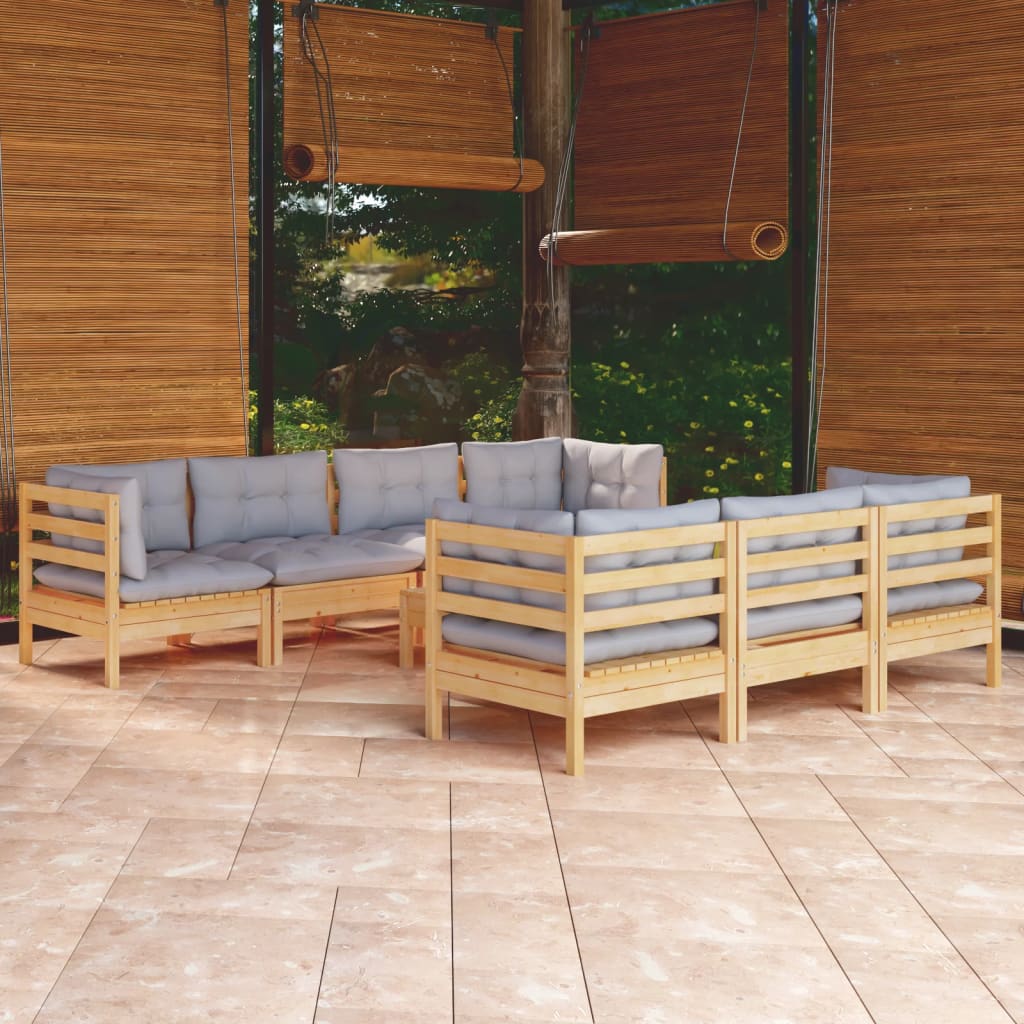 8 Pcs conjunto lounge de jardim + almofadões cinza pinho maciço