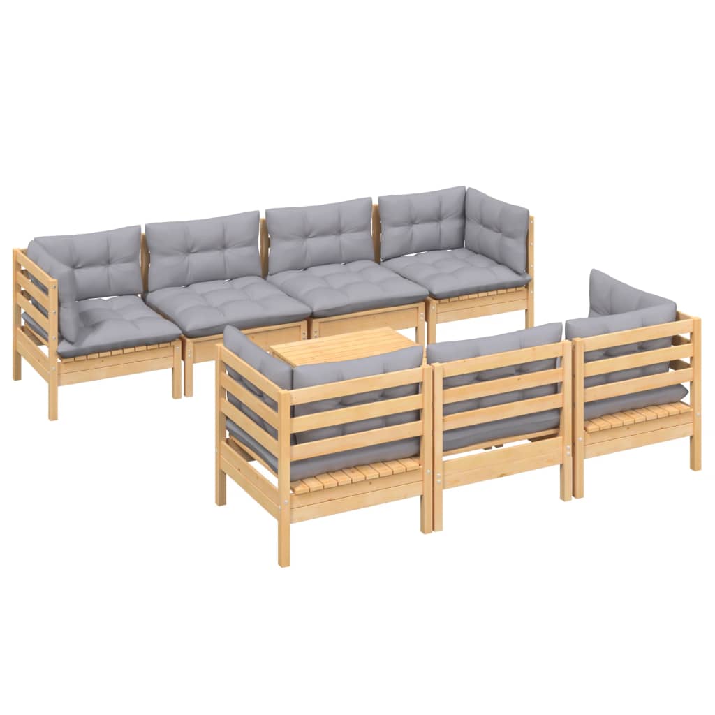 8 Pcs conjunto lounge de jardim + almofadões cinza pinho maciço