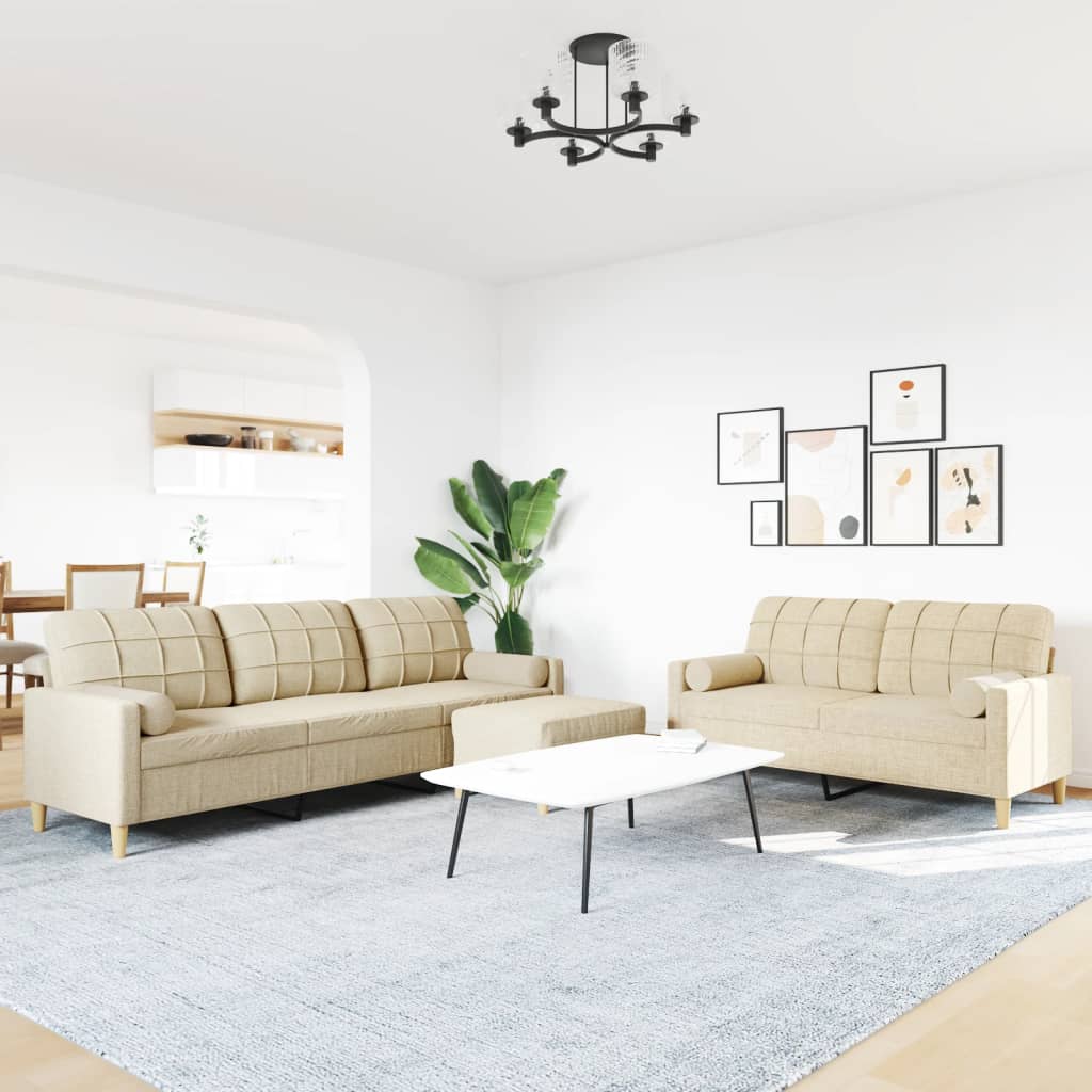 3 Pcs conjunto de sofás c/ almofadas/apoio pés tecido creme