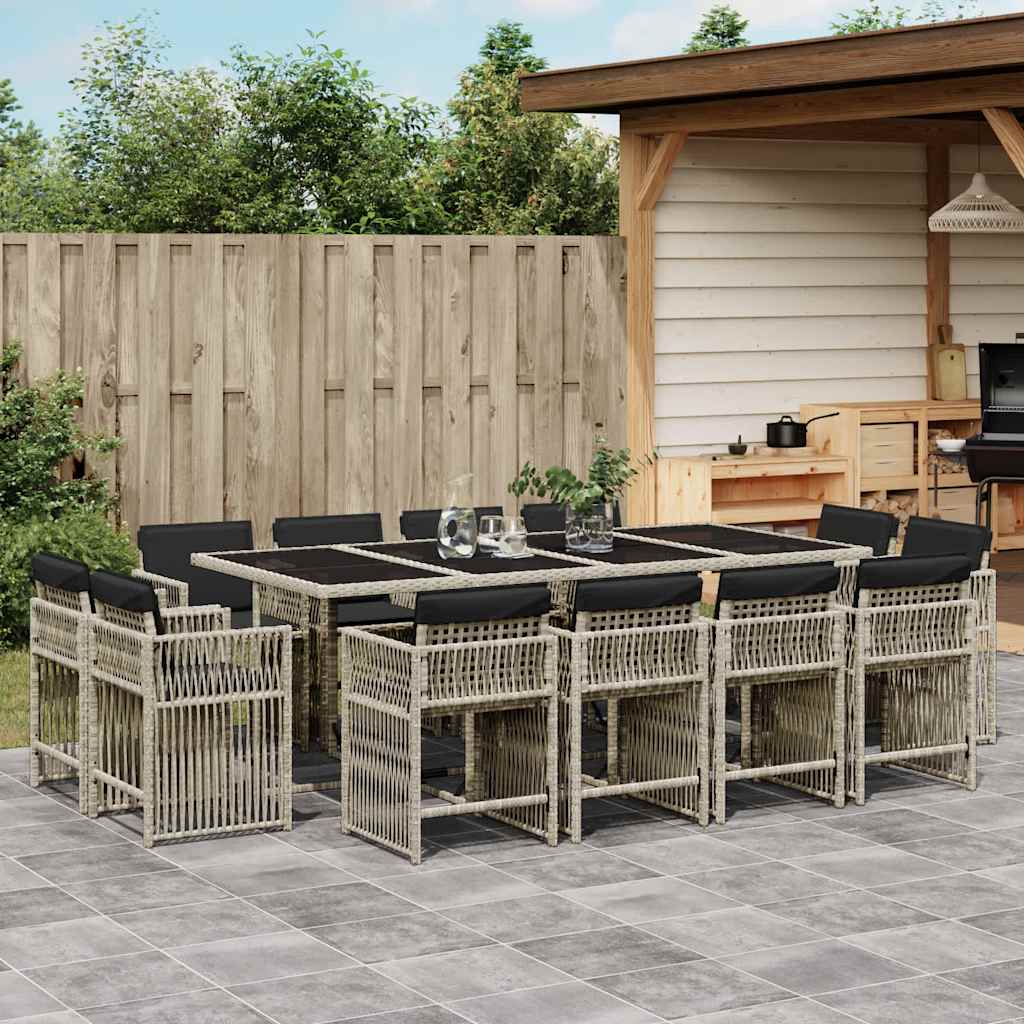 13 Pcs conj. jantar jardim c/ almofadões vime PE cinzento-claro