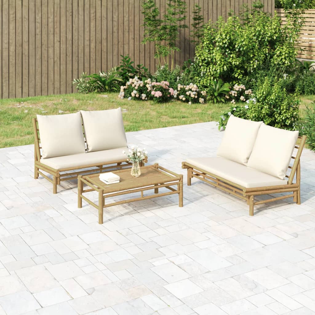 3 Pcs conjunto lounge de jardim bambu c/ almofadões branco nata