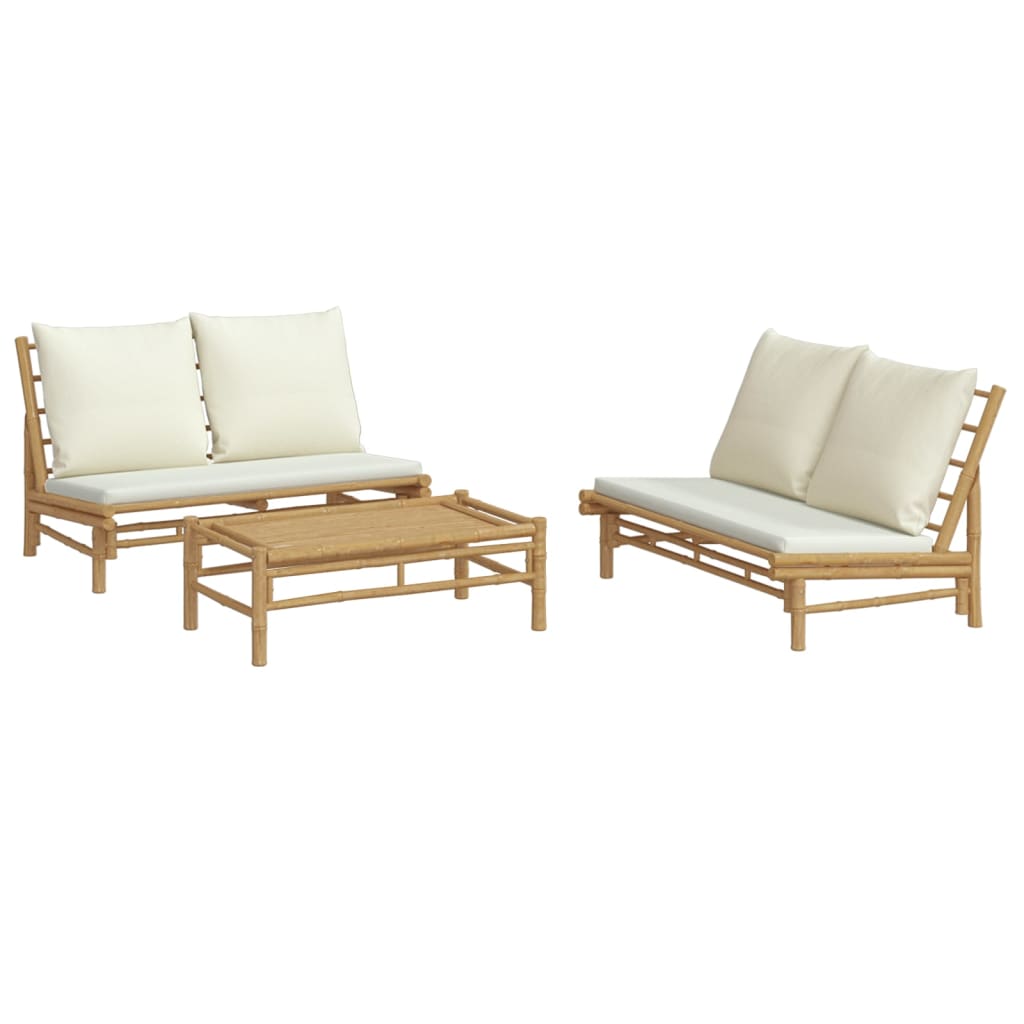 3 Pcs conjunto lounge de jardim bambu c/ almofadões branco nata