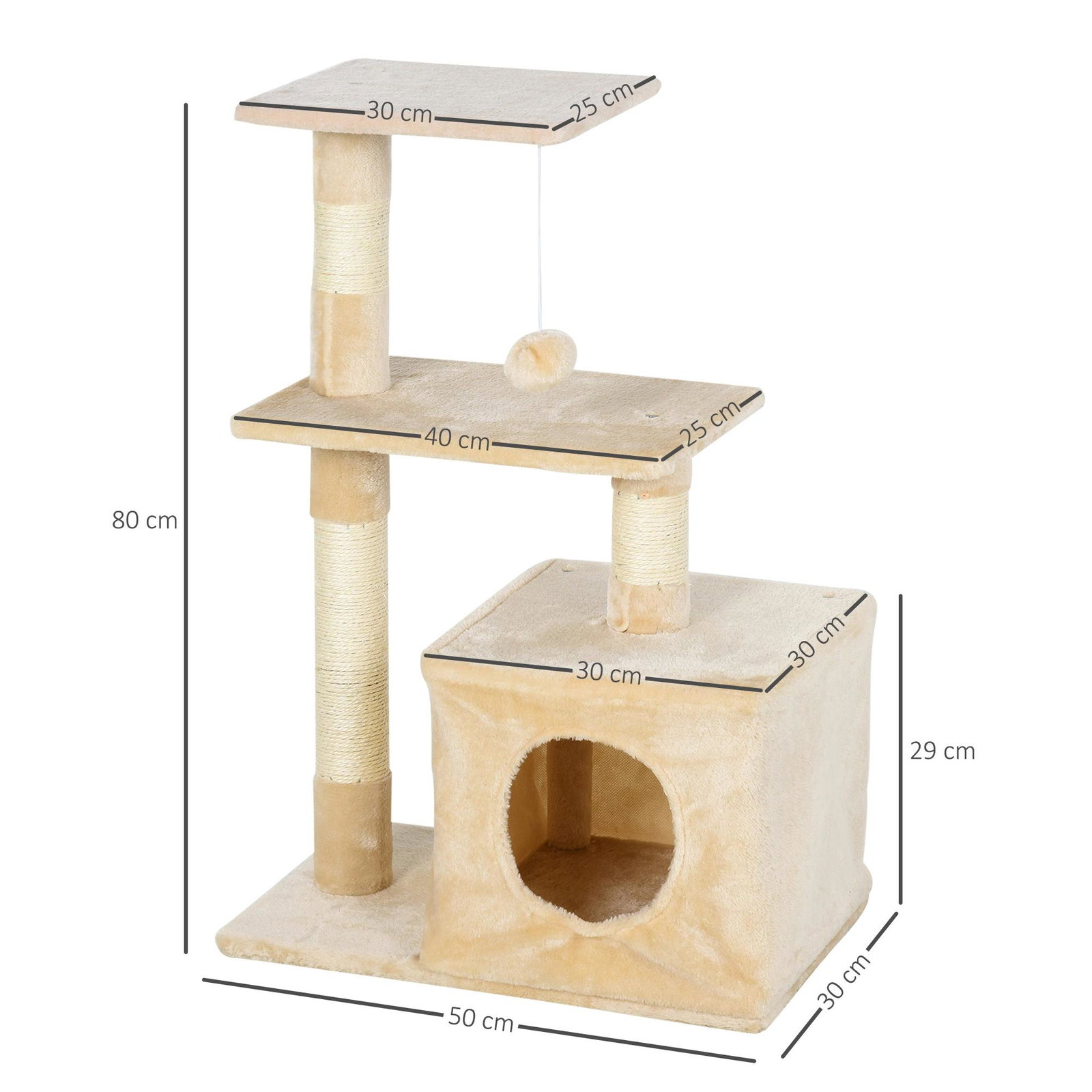 Arranhador para Gatos 50x30x81,5 cm Centro de Atividades para Gatos com Poste de Sisal Plataformas e Caverna Bege