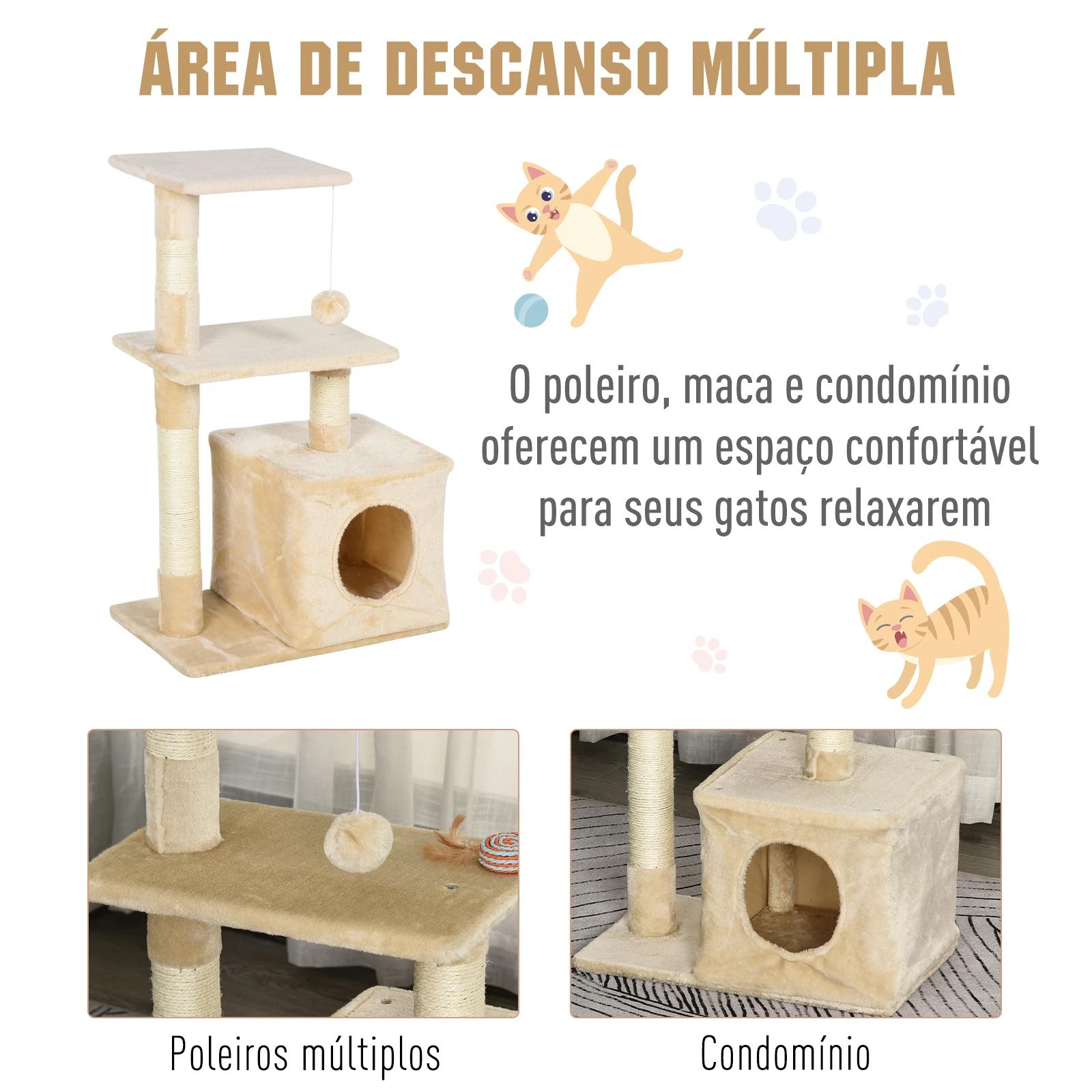 Arranhador para Gatos 50x30x81,5 cm Centro de Atividades para Gatos com Poste de Sisal Plataformas e Caverna Bege