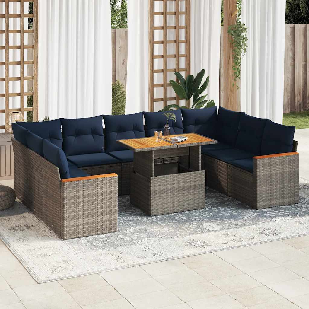 10 Pcs conjunto sofás de jardim c/ almofadões vime PE cinzento