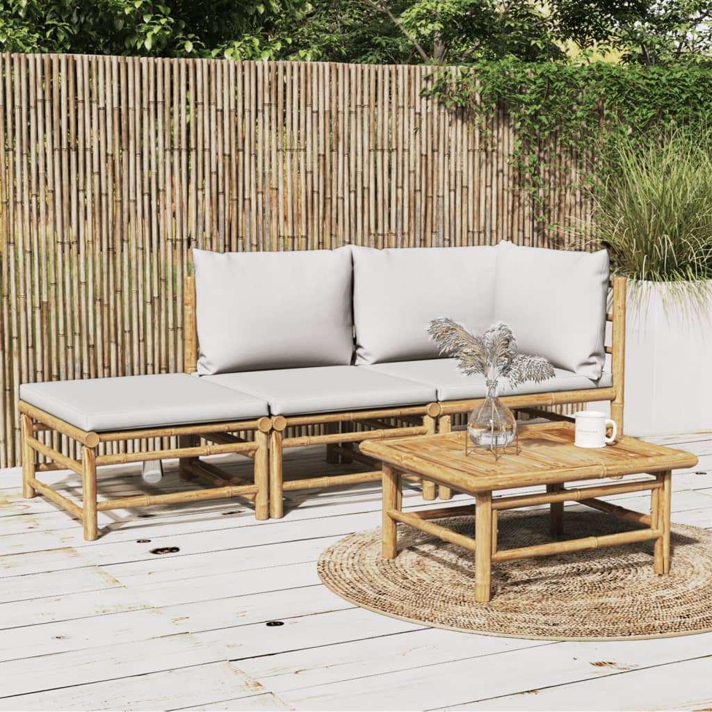 3 Pcs conj. lounge de jardim bambu c/ almofadões cinzento-claro