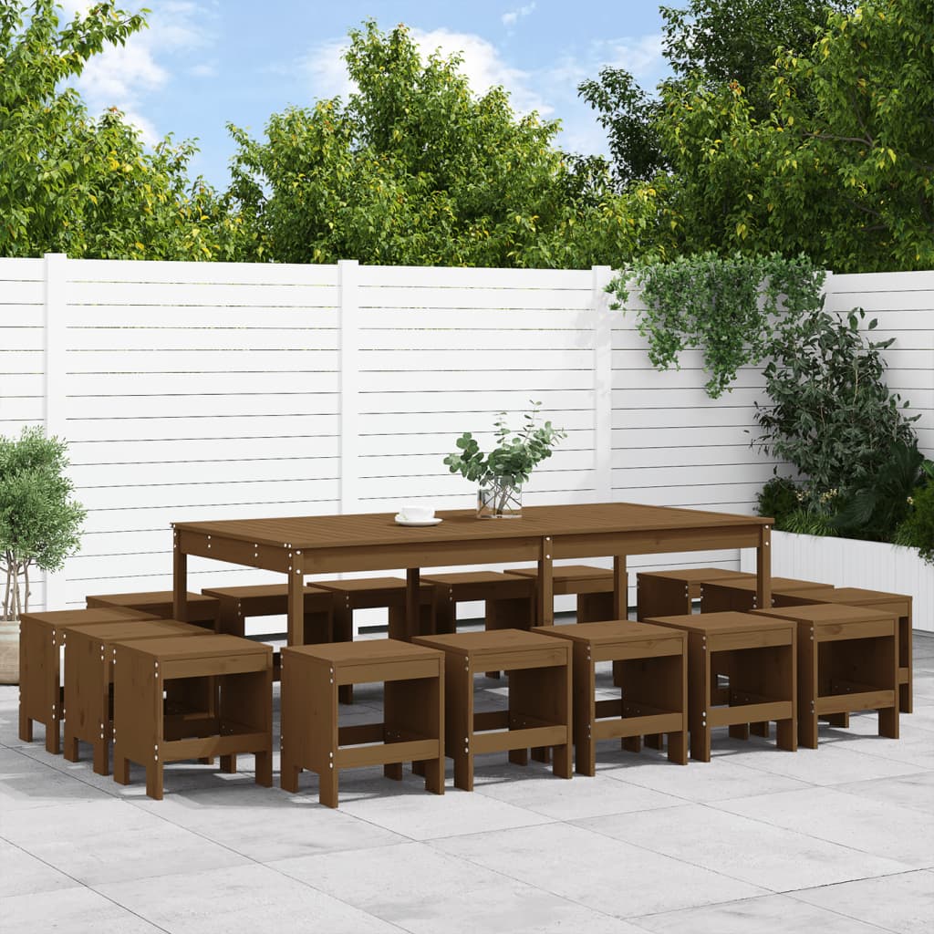 17 Pcs conjunto de jantar para jardim pinho maciço castanho-mel