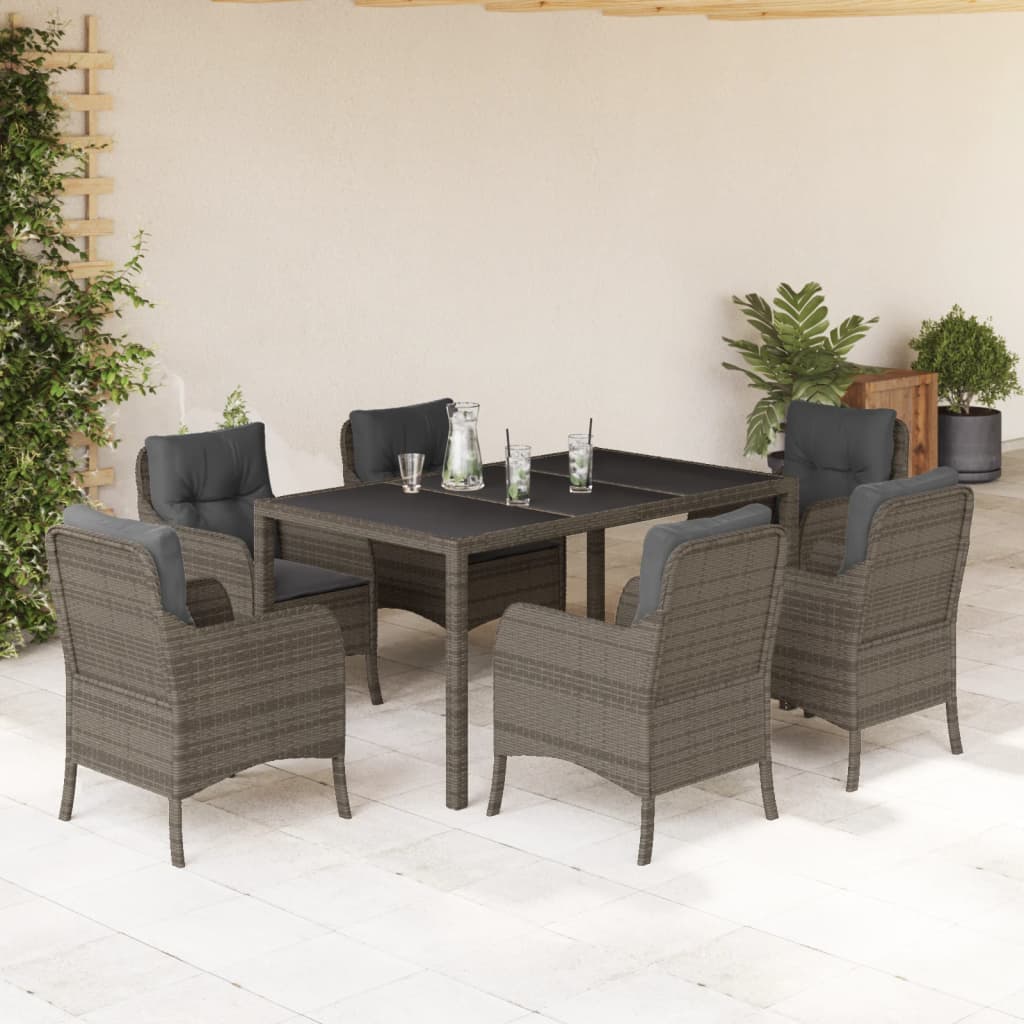 7 Pcs conjunto de jantar p/ jardim c/ almofadões vime PE cinza