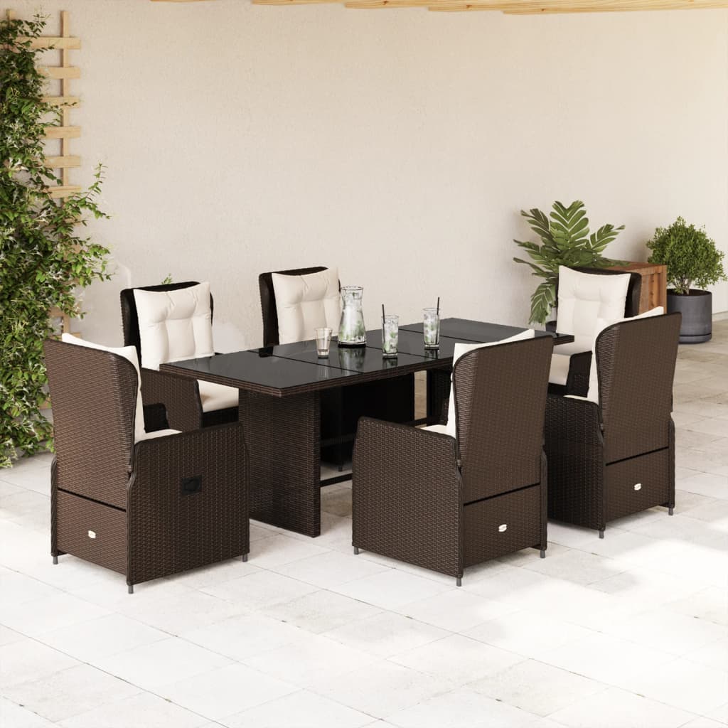 7 Pcs conjunto jantar p/ jardim c/ almofadões vime PE castanho