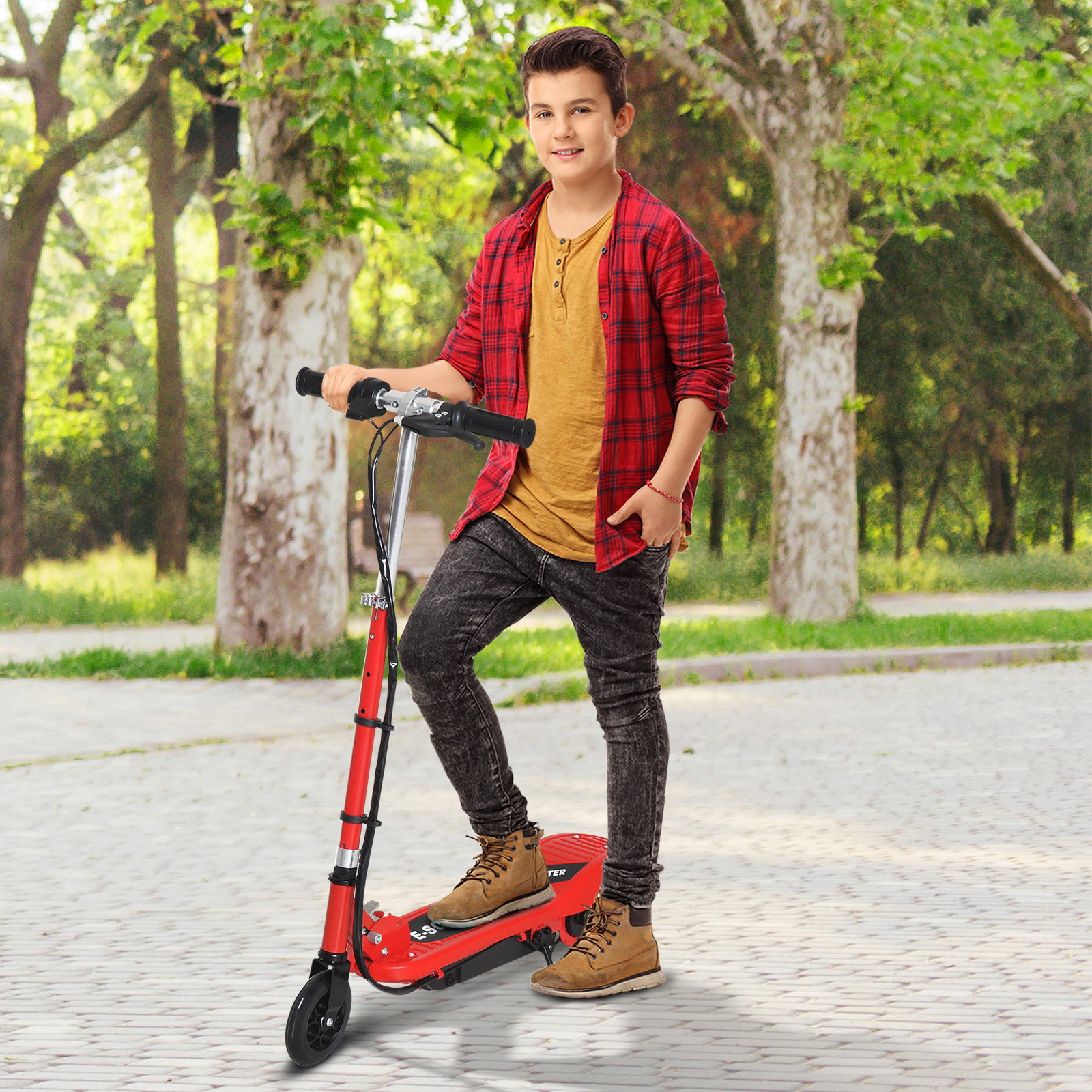 Trotinete elétrica para crianças + 7 anos trotinete dobrável com altura ajustável bateria recarregável 24v velocidade até 12 km/h e carga 50 kg 74x36x73-91 cm vermelho
