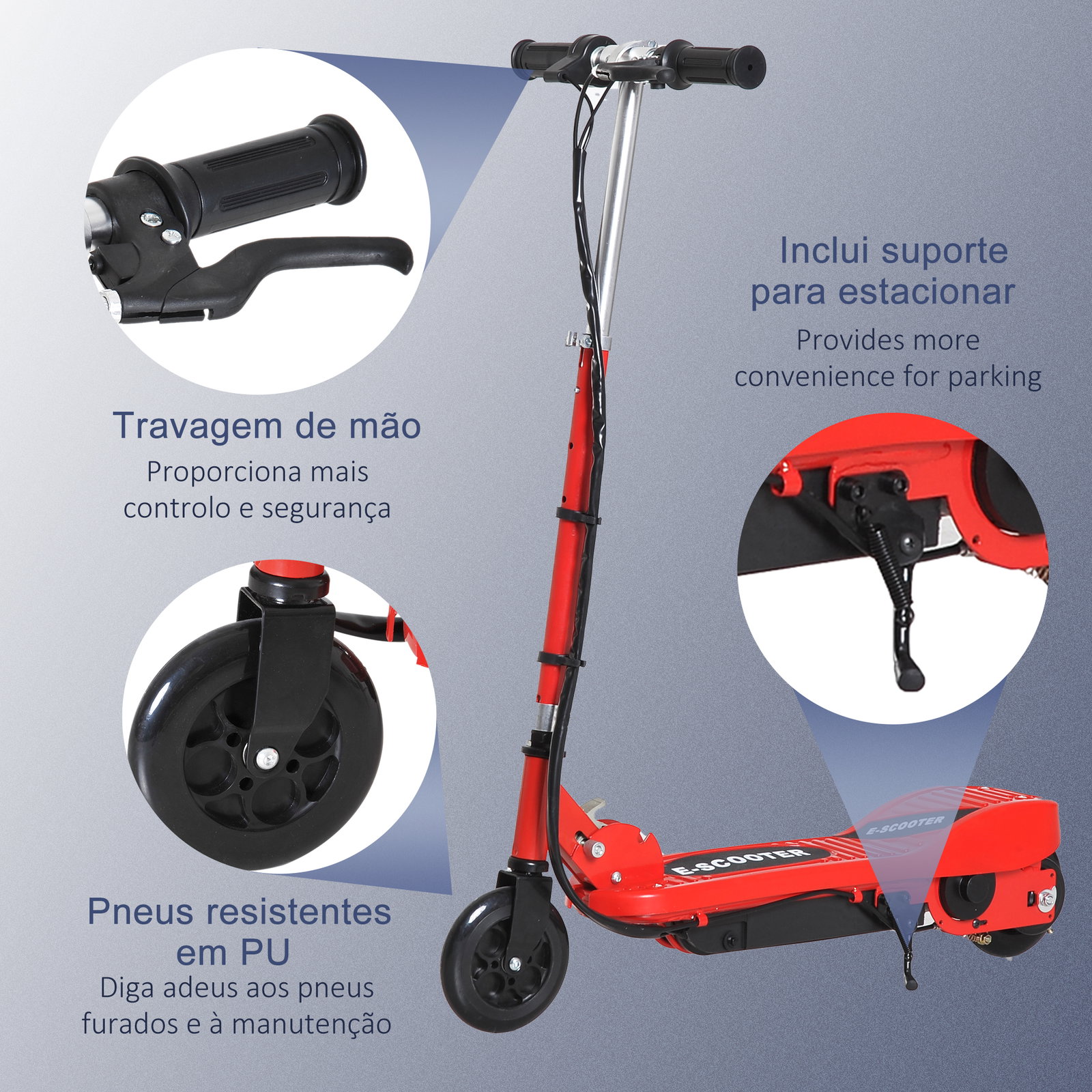 Trotinete elétrica para crianças + 7 anos trotinete dobrável com altura ajustável bateria recarregável 24v velocidade até 12 km/h e carga 50 kg 74x36x73-91 cm vermelho