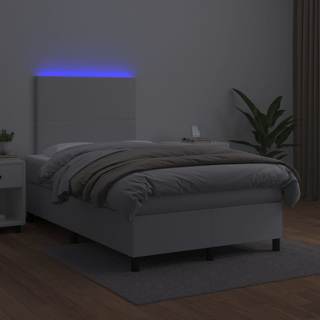Cama box spring c/colchão/LED 120x200cm couro artificial branco