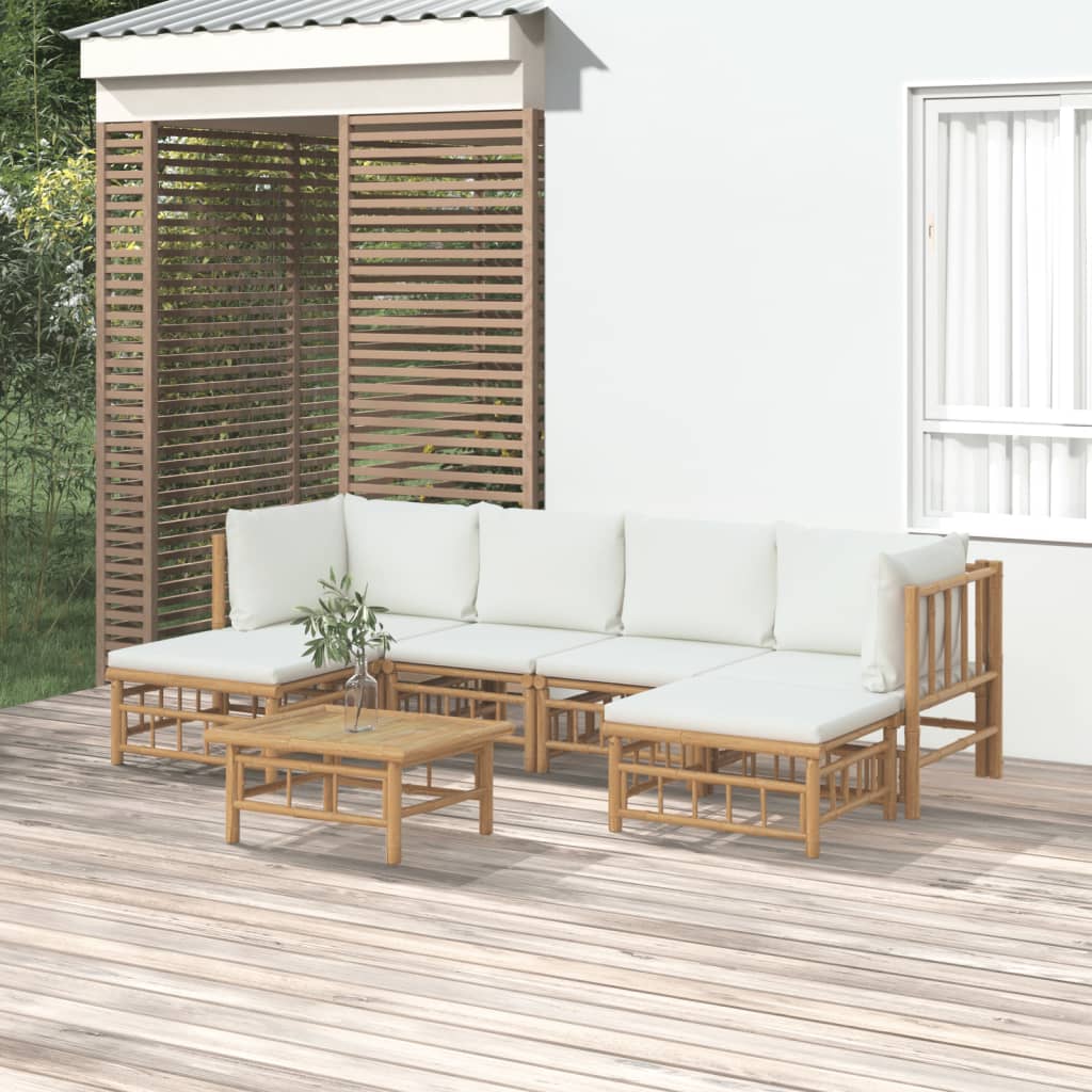 7 Pcs conjunto lounge de jardim bambu c/ almofadões branco nata