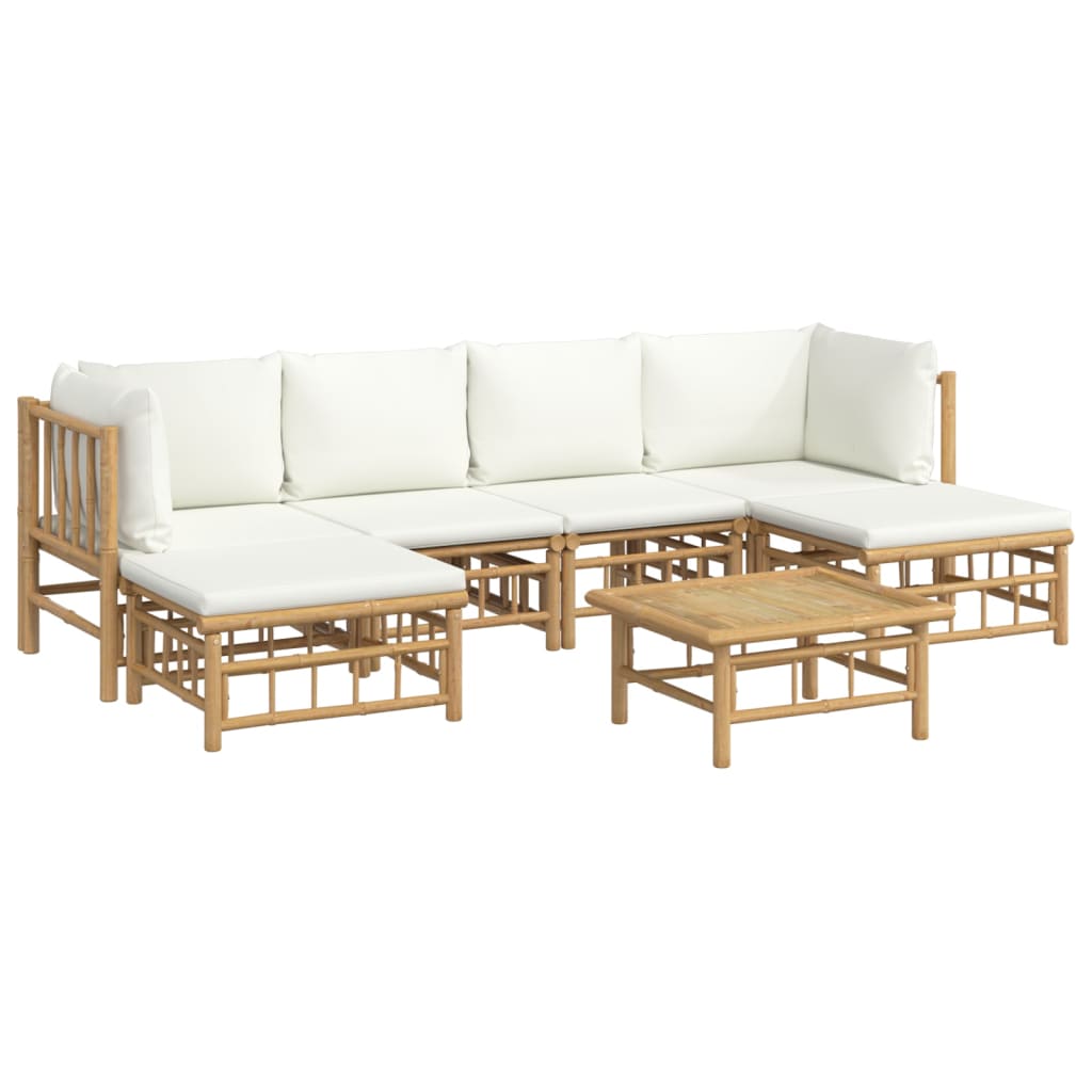 7 Pcs conjunto lounge de jardim bambu c/ almofadões branco nata