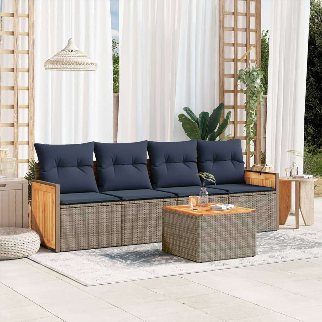 Conjunto de sofá de jardim de 5 peças com almofadas em rattan sintético cinza