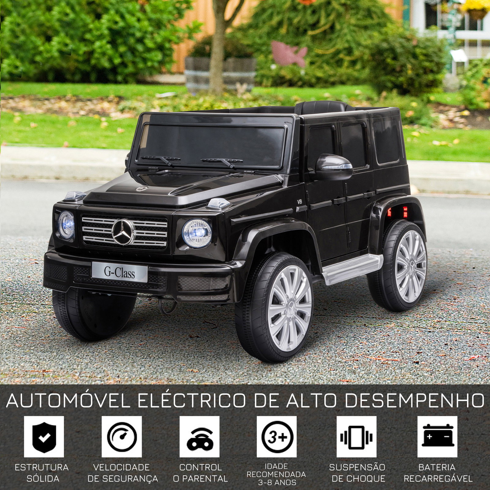 Carro elétrico benz g500 todo-o-terreno com bateria 12v veículo elétrico com música buzina velocidade 3-5 km/h preto