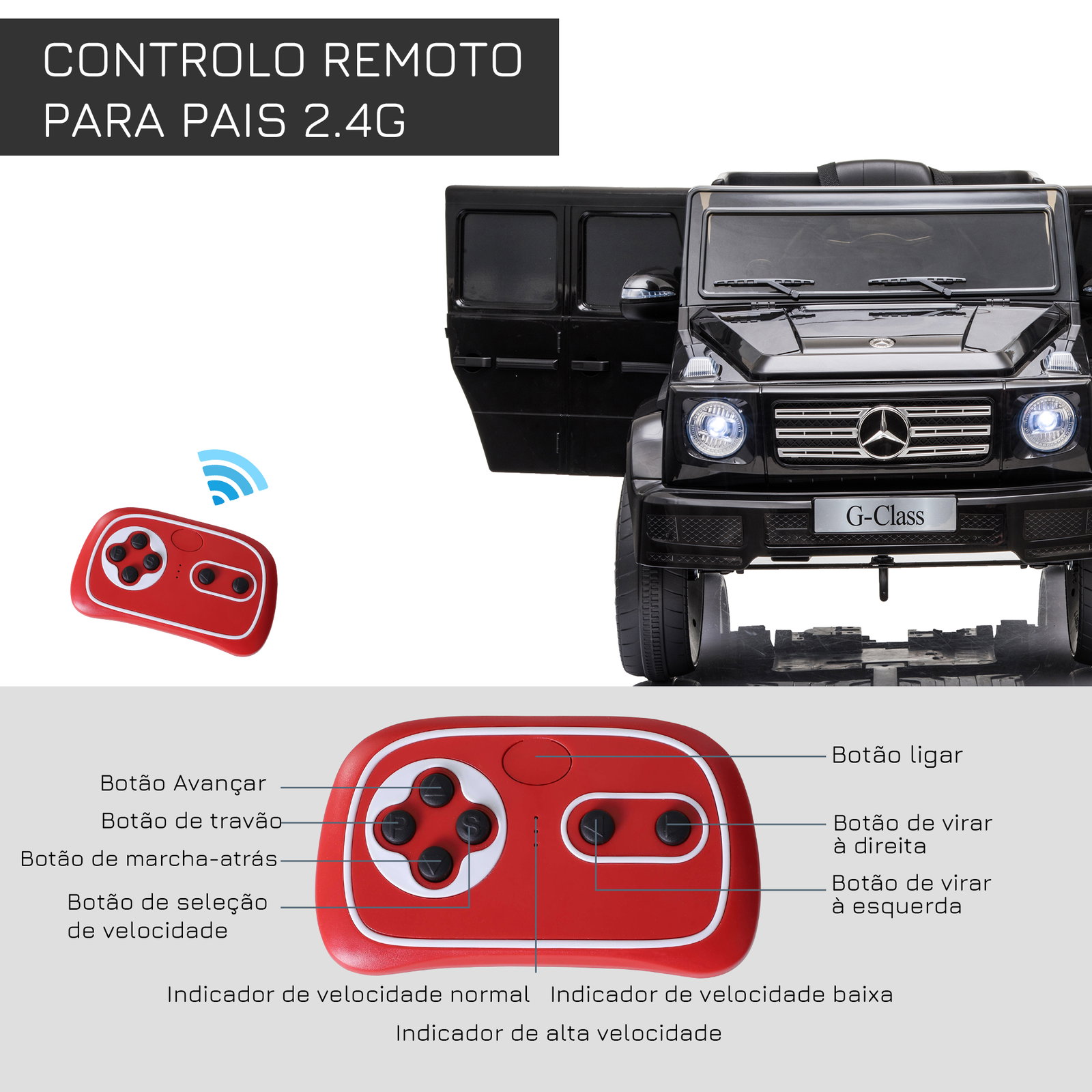 Carro elétrico benz g500 todo-o-terreno com bateria 12v veículo elétrico com música buzina velocidade 3-5 km/h preto