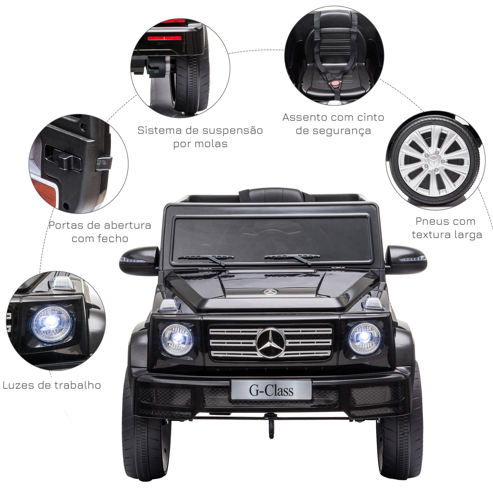Carro elétrico benz g500 todo-o-terreno com bateria 12v veículo elétrico com música buzina velocidade 3-5 km/h preto