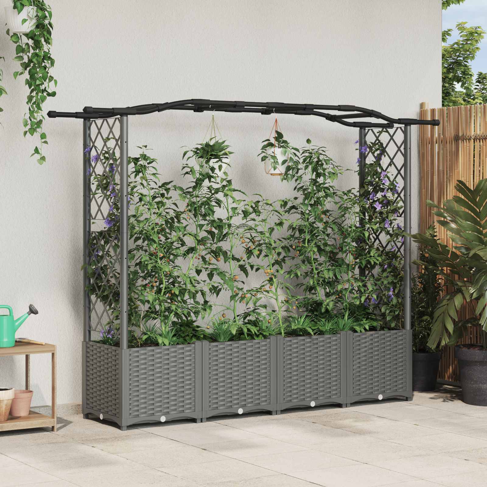 Cama elevada com treliça e telhado cinzento-claro PP