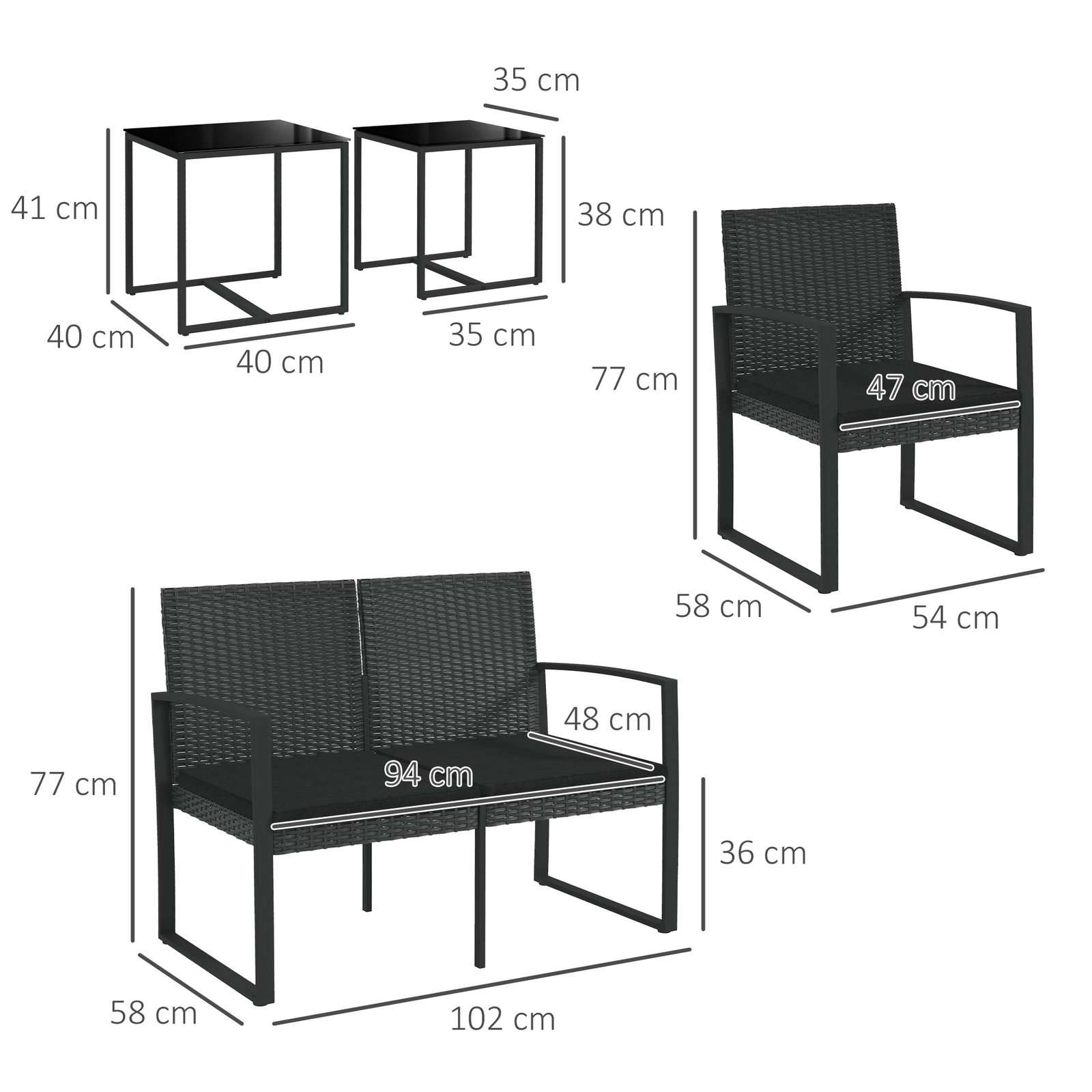 Conjunto móveis de jardim de vime sintético com 2 poltronas individuais 1 sofá duplo e 2 mesas de centro preto