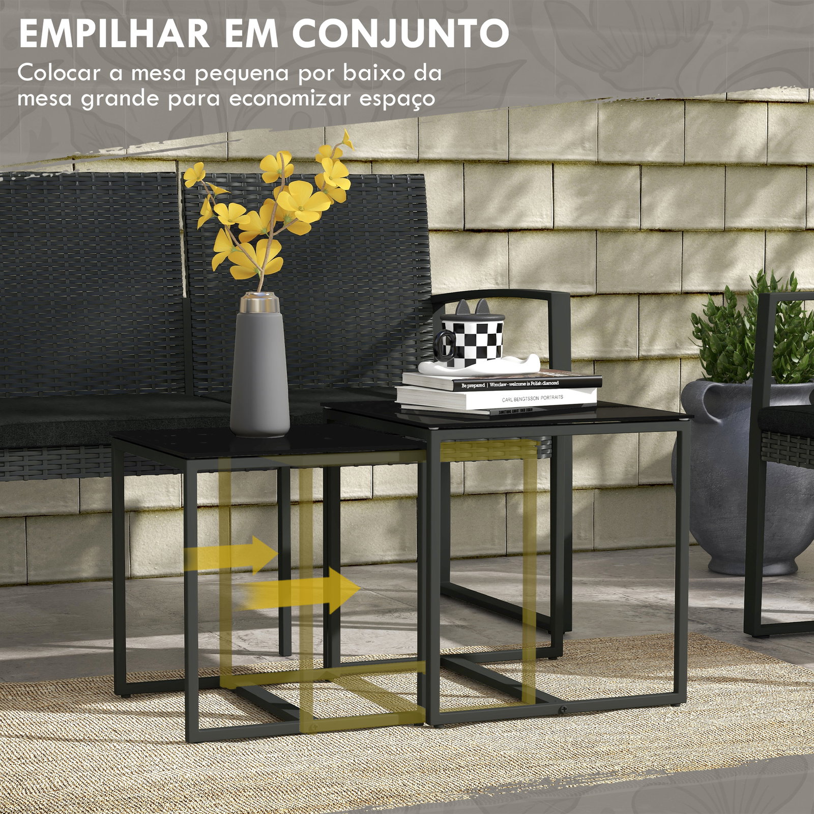 Conjunto móveis de jardim de vime sintético com 2 poltronas individuais 1 sofá duplo e 2 mesas de centro preto