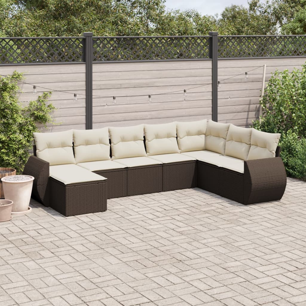 8 Pcs conjunto sofás de jardim c/ almofadões vime PE castanho