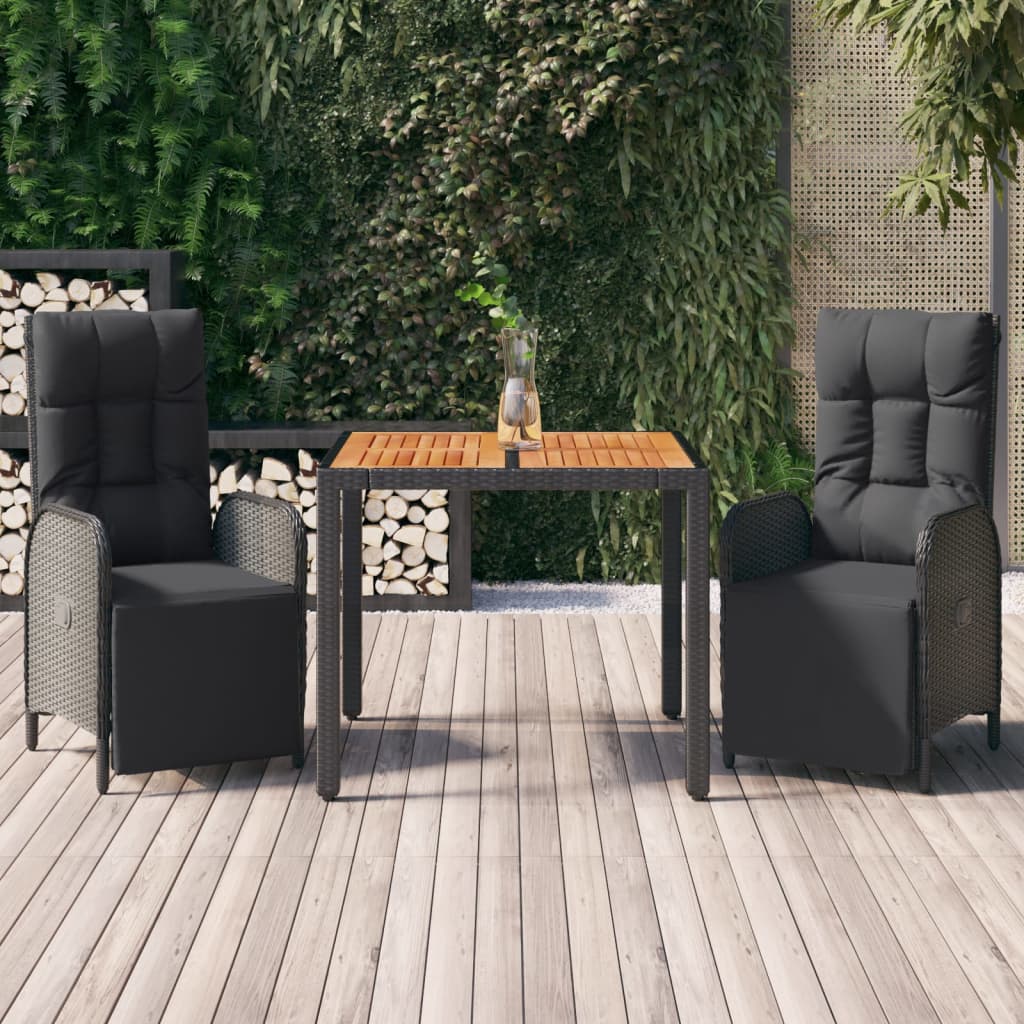 3 Pcs conjunto de jantar p/ jardim c/ almofadões vime PE preto