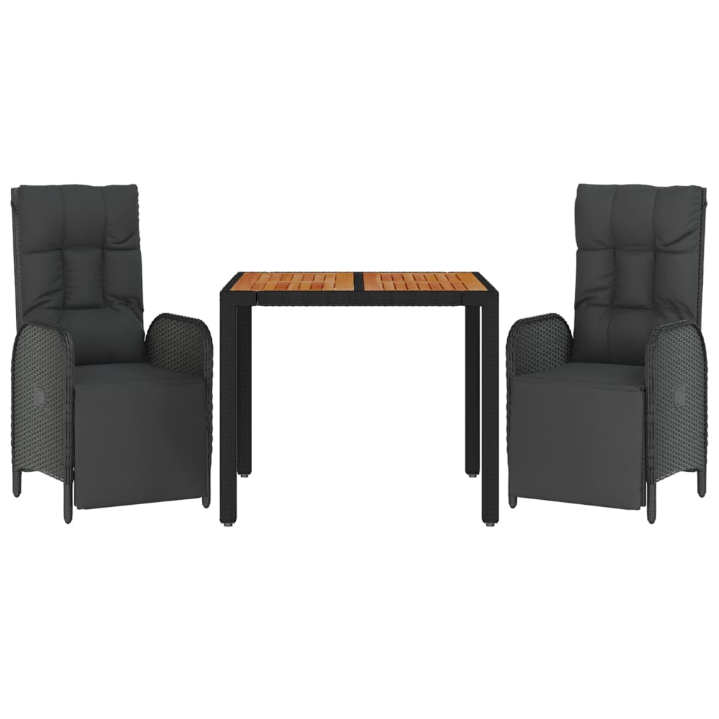 3 Pcs conjunto de jantar p/ jardim c/ almofadões vime PE preto