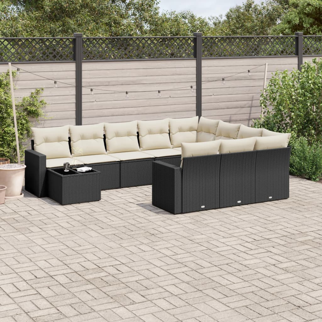 11 Pcs conjunto sofás de jardim c/ almofadões vime PE preto