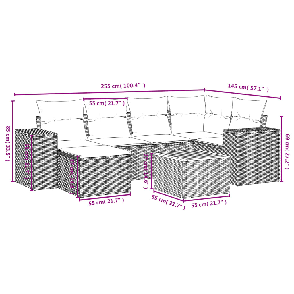 7 Pcs conjunto de sofás p/ jardim com almofadões vime PE bege
