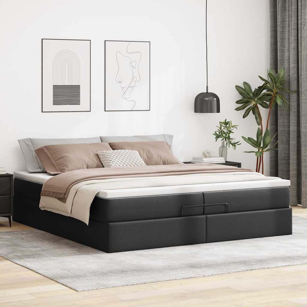 Estrutura de cama otomana com colchões pele artificial preta