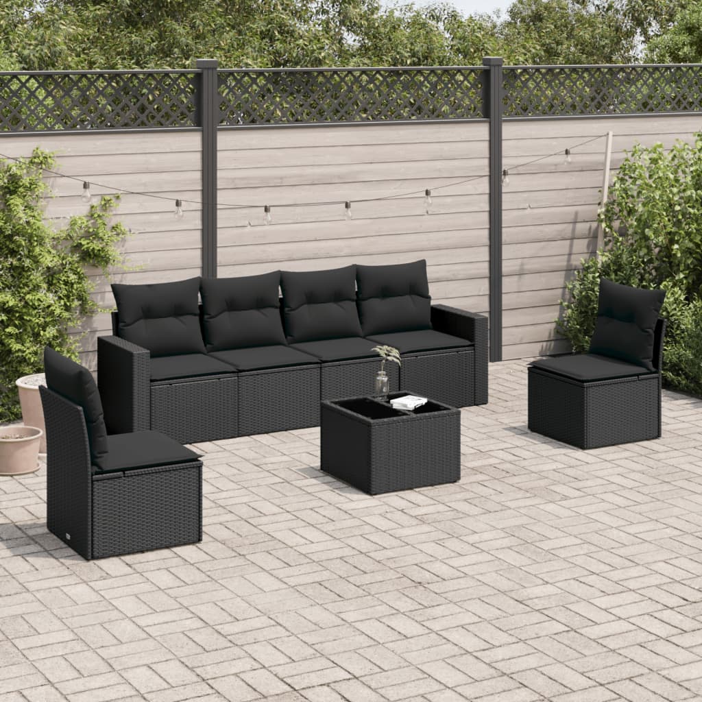 7 Pcs conjunto de sofás p/ jardim c/ almofadões vime PE preto
