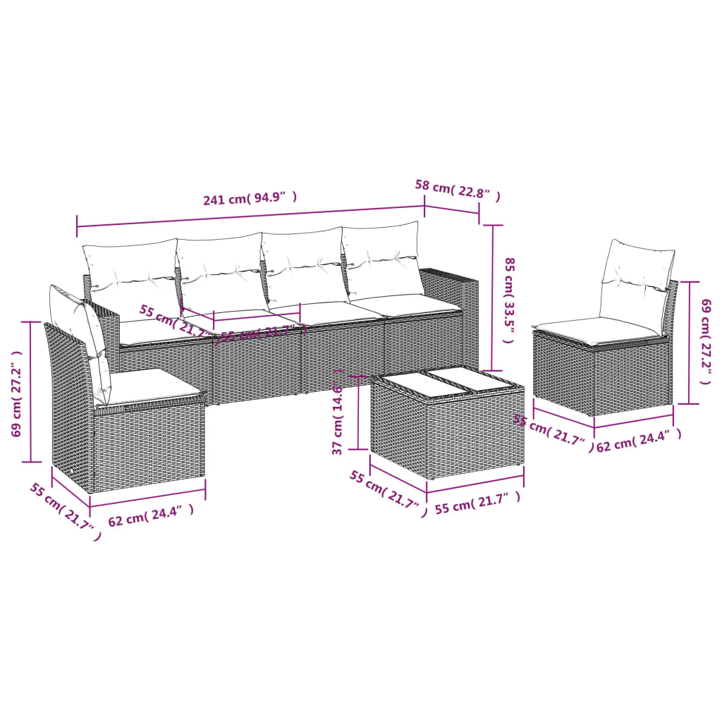 7 Pcs conjunto de sofás p/ jardim c/ almofadões vime PE preto