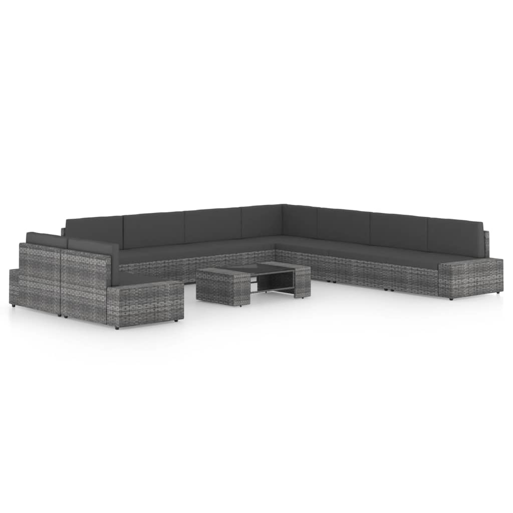 10 Pcs conjunto lounge de jardim c/ almofadões vime PE cinzento