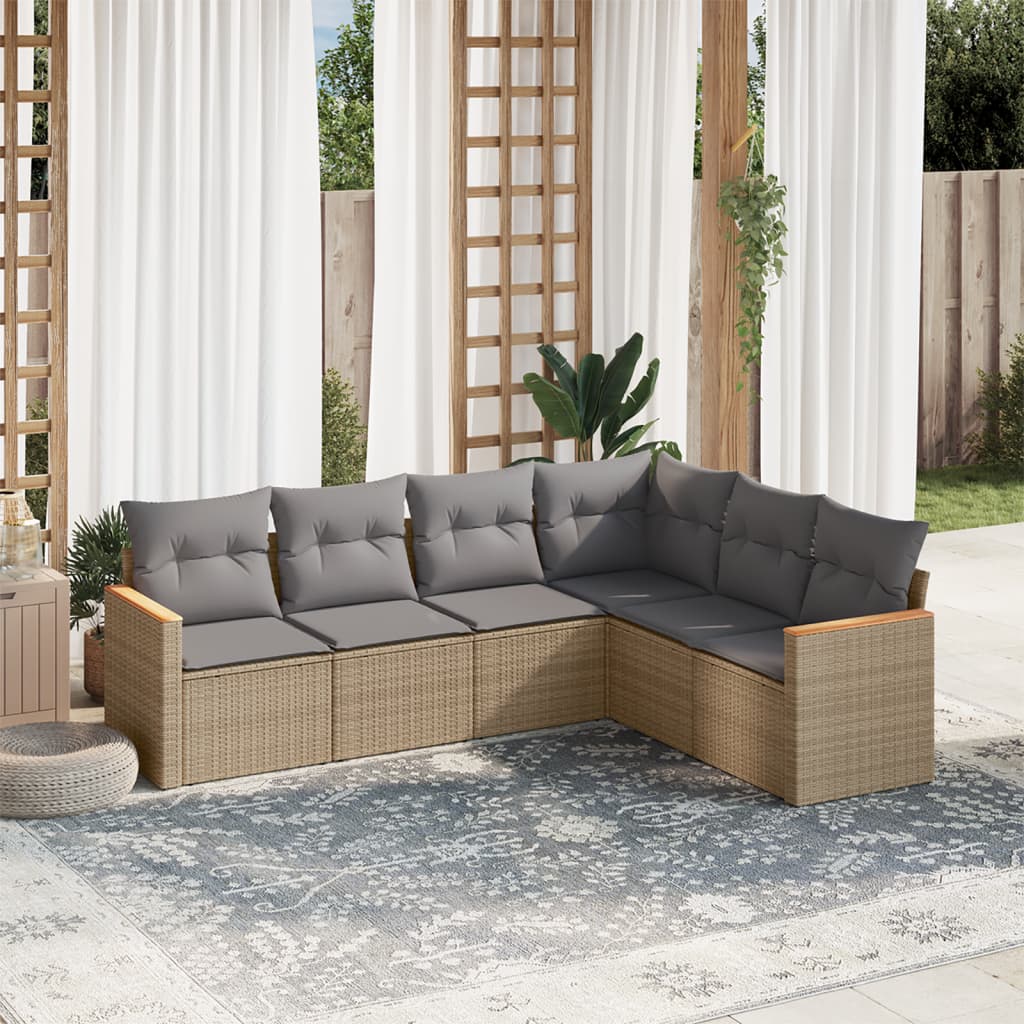 6 Pcs conjunto de sofás p/ jardim com almofadões vime PE bege