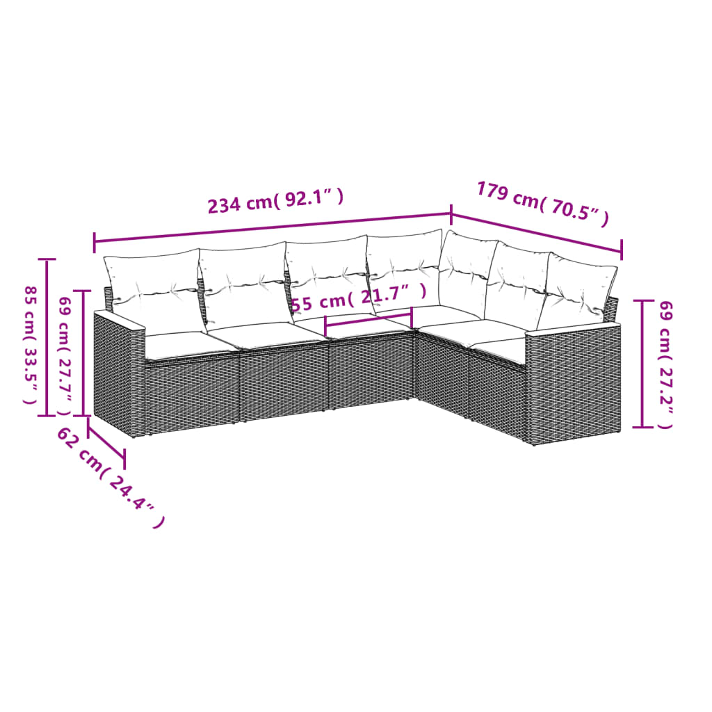6 Pcs conjunto de sofás p/ jardim com almofadões vime PE bege