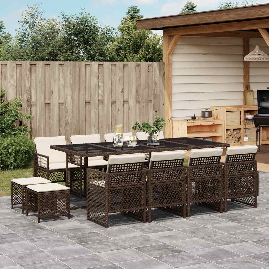 13 Pcs conjunto jantar p/ jardim c/ almofadões vime PE castanho