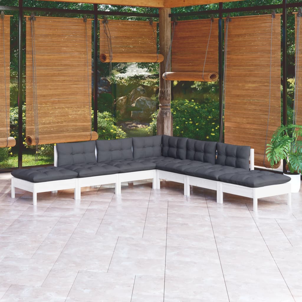 7 Pcs conjunto lounge de jardim c/ almofadões pinho branco