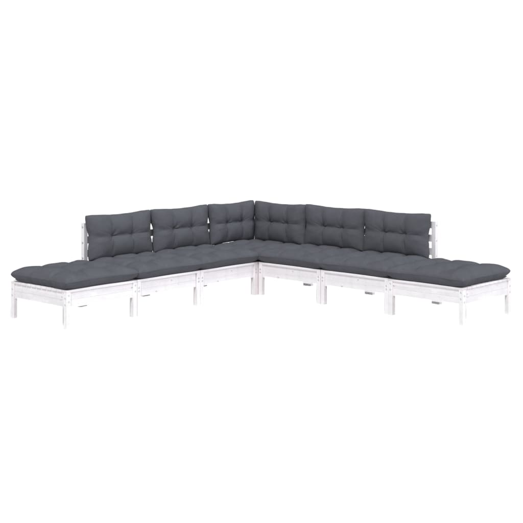 7 Pcs conjunto lounge de jardim c/ almofadões pinho branco