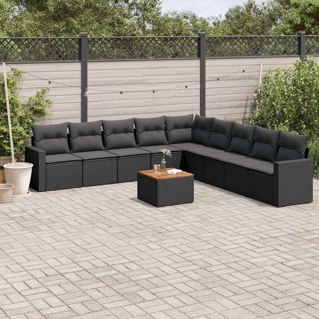 10 Pcs conjunto sofás de jardim c/ almofadões vime PE preto